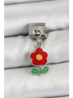 DS LLC Ietaks™ 316L Çelik Sallantılı Kırmızı Papatya Model Gümüş Renk Nomination Charm