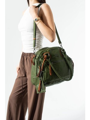 571 Collections Çanta Yıkama Deri Çok Gözlü, Omuz ve Kol Çantası Yeşil MODEL:(571-14-18E)