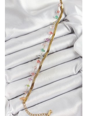 DS LLC Ietaks™ 316L Çelik Gold Renk Kristal Karışık Renkli Taşlı Kadın Bileklik