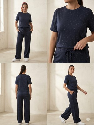 Life Kadın Lacivert Puantiyeli Ikili Takım - Pamuklu T-Shirt ve Geniş Paça Pantolon Set