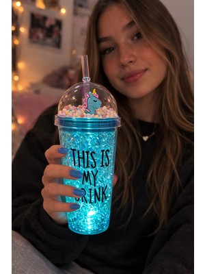 Biton Toptan My Drink Temalı LED Işıklı Pipetli Suluk Buz Görünümlü 450 ml Çift Katman Mika Su Şişesi 2642 Mavi