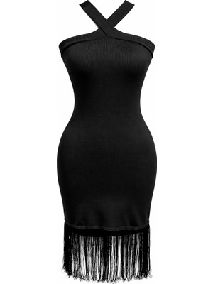 Mixray 2077 Kadın Çapraz Askılı Püskül Detaylı Bodycon Mini Elbise Siyah