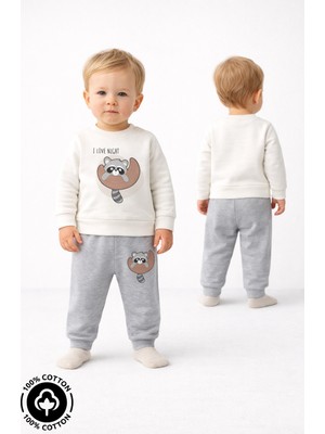 Miniel Unisex Bebek Rakun Baskılı %100 Pamuklu 6-9-12 Ay Alt Üst 2'li Bebek Takımı