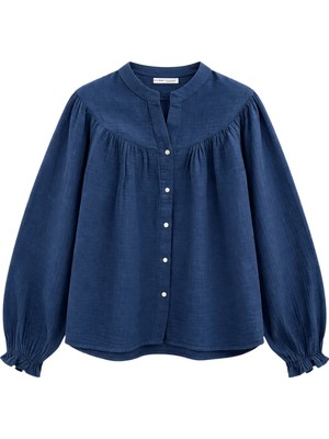 Mixray 4733 Kadın Büzgü Robalı Uzun Kol Müslin Gömlek Lacivert