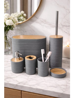 Makri Home 6 Parça Gri Banyo Seti, Bambu Detaylı, 8l Çöp Kovası 24X26X16 cm