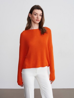 Dilvin 10804 Kayık Yaka Dökümlü Kazak-Oranj