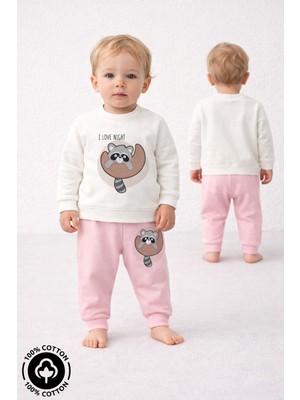 Miniel Unisex Bebek Rakun Baskılı %100 Pamuklu 6-9-12 Ay Alt Üst 2'li Bebek Takımı