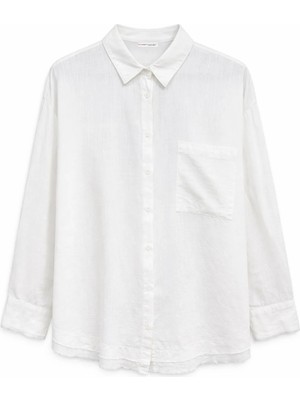 Mixray 4640 Kadın Pis Dikişli Oversize Keten Gömlek Beyaz