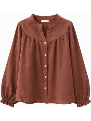 Mixray 4733 Kadın Büzgü Robalı Uzun Kol Müslin Gömlek Kahve