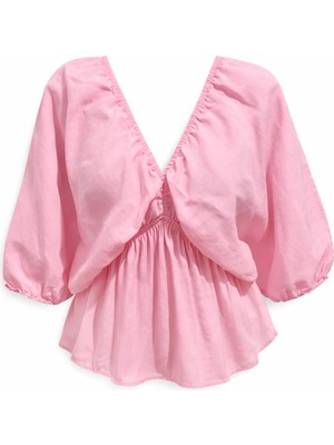 Mixray 4703 Kadın V Yaka Lastikli Modal Bluz Pembe