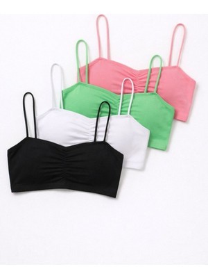 Trendseninle Kadın Büzgülü Ip Askılı 4'lü Set Süper Crop Bluz Pembe Yeşil Beyaz Siyah