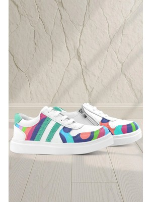 Rakerplus Tbons Özel Tasarım Hakiki Deri Beyaz Yeşil Bağcıklı Fermuarlı Çocuk Sneaker