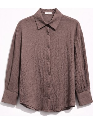 Mixray 4867 Kadın Çizgili Detaylı Pullu Gömlek Kahve