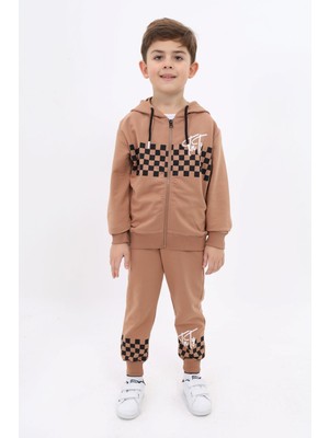 Toontoy Erkek Çocuk 2'li Takım Baskılı Kapüşonlu Fermuarlı Bağcılıklı Sweatshirt & Beli Paçası Lastikli Jogger Eşofman Altı - TK22918