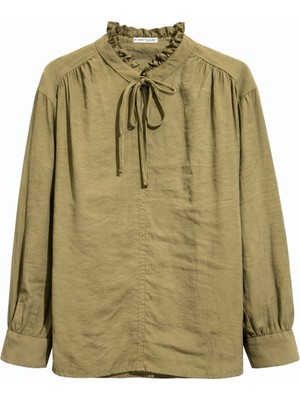 Mixray 4824 Kadın Fırfır Detaylı Bağlamalı Hakim Yaka Uzun Kol Bluz Haki