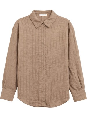 Mixray 4644 Kadın Kabartma Çizgili Transparan Basic Gömlek Kahve