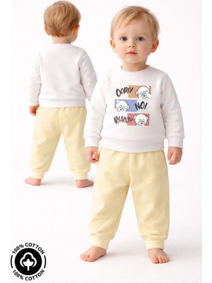 Miniel Unisex Bebek Şaşkın Ayıcık Baskılı %100 Pamuklu 6-9-12 Ay Alt Üst 2'li Bebek Takımı