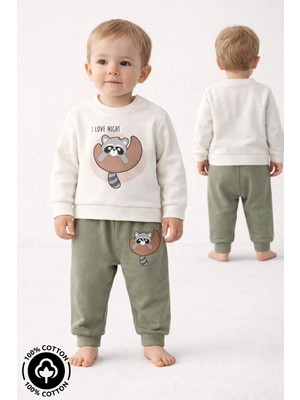 Miniel Unisex Bebek Rakun Baskılı %100 Pamuklu 6-9-12 Ay Alt Üst 2'li Bebek Takımı