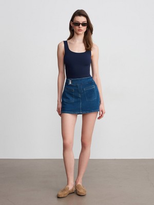 Dilvin 72306 Cep Detaylı Kot Şort Etek-Mavi