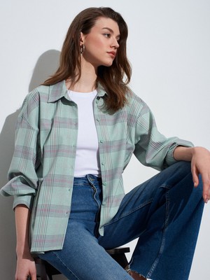 Dilvin 50540 Pileli Oversize Gömlek-Yeşil