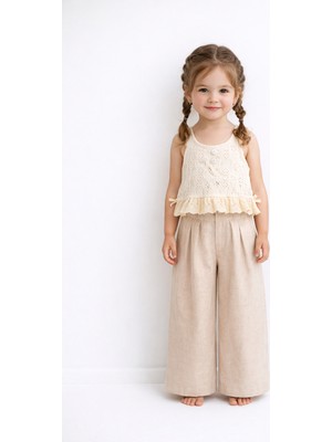 Cumino Scarlett 2’li Kız Çocuk Takım Dantel Bluz - Keten Pantolon Yazlık Şık Kombin