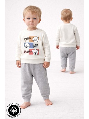Miniel Unisex Bebek Şaşkın Ayıcık Baskılı %100 Pamuklu 6-9-12 Ay Alt Üst 2'li Bebek Takımı