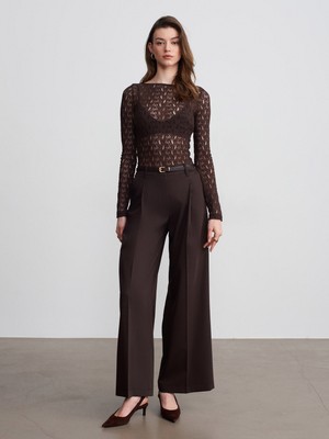 Dilvin 72657 Pileli Geniş Paça Pantolon-Kahve