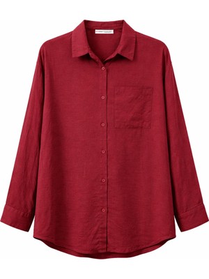 Mixray 4670 Kadın Cepli Oversize Basic Keten Gömlek Bordo