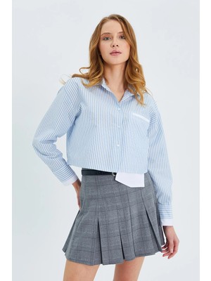 Mixray 4497 Kadın Çizgili Fleto Cepli Crop Gömlek Mavi