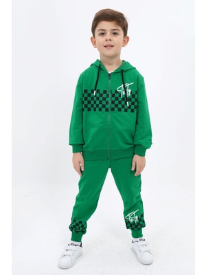 Toontoy Erkek Çocuk 2'li Takım Baskılı Kapüşonlu Fermuarlı Bağcılıklı Sweatshirt & Beli Paçası Lastikli Jogger Eşofman Altı - TK22918