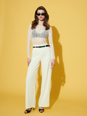 Dilvin 71932 Dikiş Detaylı Kemerli Pantolon-Ekru