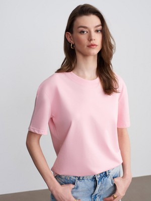 Dilvin 30312 %100 Pamuk Dekoratif Dikişli Bisiklet Yaka T-Shirt-Toz Pembe