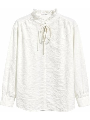 Mixray 4824 Kadın Fırfır Detaylı Bağlamalı Hakim Yaka Uzun Kol Bluz Ekru