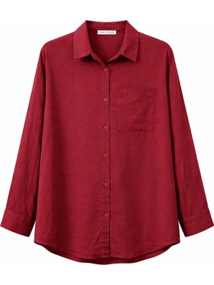 Mixray 4670 Kadın Cepli Oversize Basic Keten Gömlek Bordo