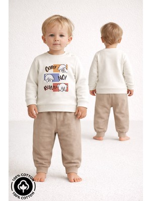 Miniel Unisex Bebek Şaşkın Ayıcık Baskılı %100 Pamuklu 6-9-12 Ay Alt Üst 2'li Bebek Takımı