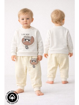 Miniel Unisex Bebek Rakun Baskılı %100 Pamuklu 6-9-12 Ay Alt Üst 2'li Bebek Takımı