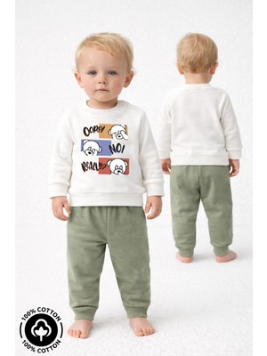 Miniel Unisex Bebek Şaşkın Ayıcık Baskılı %100 Pamuklu 6-9-12 Ay Alt Üst 2'li Bebek Takımı