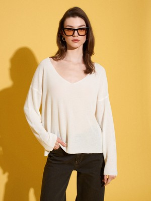 Dilvin 10869 V Yaka Dökümlü Kazak-Ekru