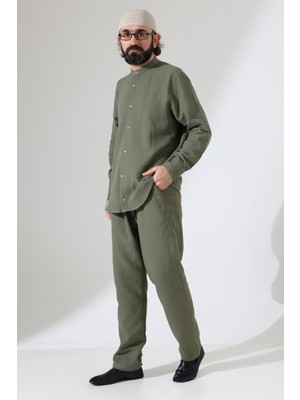 İhvan Online Erkek Müslin Hakim Yaka Gömlek Pantolon Ikili Takım, Modern Hac Umre Kıyafeti - Haki Yeşil (Vşn)