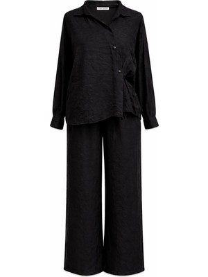 Mixray 4840 Kadın Soft Flow Gömlek Pantolon Salaş Takım Siyah