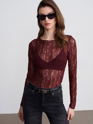 Dilvin 32764 Kayık Yaka Dantel Top-Bordo