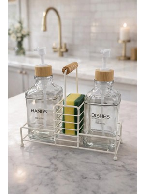 Makri Home Lüks Bambu Kulplu Beyaz Metal Stantlı Ikili Cam Sıvı Sabunluk 500 Ml, 23X9X23,5 cm