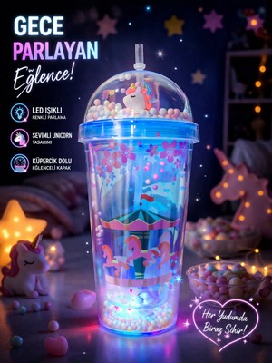 Biton Toptan Atlı Karınca Temalı Suluk Pipetli Buzlu Cam Görünümlü LED Işıklı 450 ml Çift Katman Mika Mavi 2649