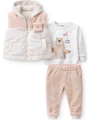 Wow Erkek Bebek 3’lü Takım – Kapüşonlu Şişme Yelek, Baskılı Sweatshirt ve Pantolon