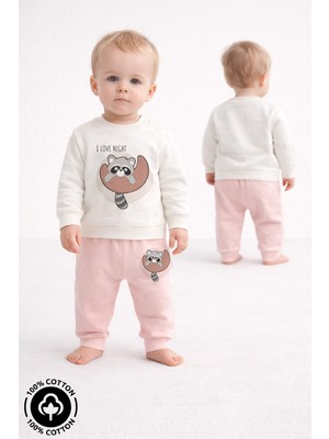 Miniel Unisex Bebek Rakun Baskılı %100 Pamuklu 6-9-12 Ay Alt Üst 2'li Bebek Takımı