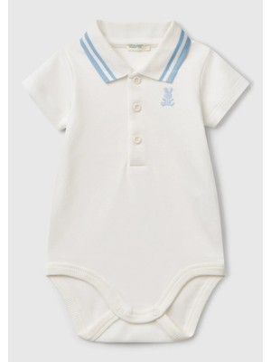 United Colors Of Benetton Bebek Beyaz Tavşan Işlemeli Kısa Kollu Çizgili Polo Yaka Çıtçıtlı Body