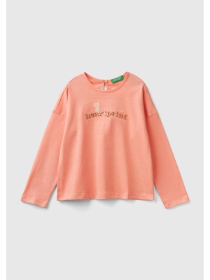 United Colors Of Benetton Kız Çocuk Yavruağzı Önü Simli Su Baskılı Arkası Damla Detaylı Uzun Kollu T-Shirt