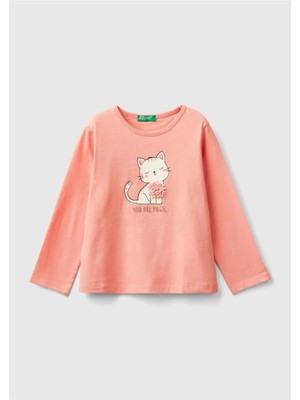 United Colors Of Benetton Kız Çocuk Yavruağzı Önü Baskılı Uzun Kollu Bisiklet Yaka T-Shirt