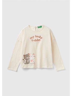 United Colors Of Benetton Kız Çocuk Ekru Önü Simli Su Baskılı Arkası Damla Detaylı Uzun Kollu T-Shirt