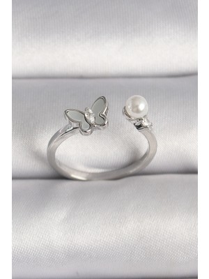 SHC4200 Pirinç Gümüş Renk Zirkon Taş Detaylı Beyaz Mineli Figür Inci Detay Ayarlanabilir Yüzük